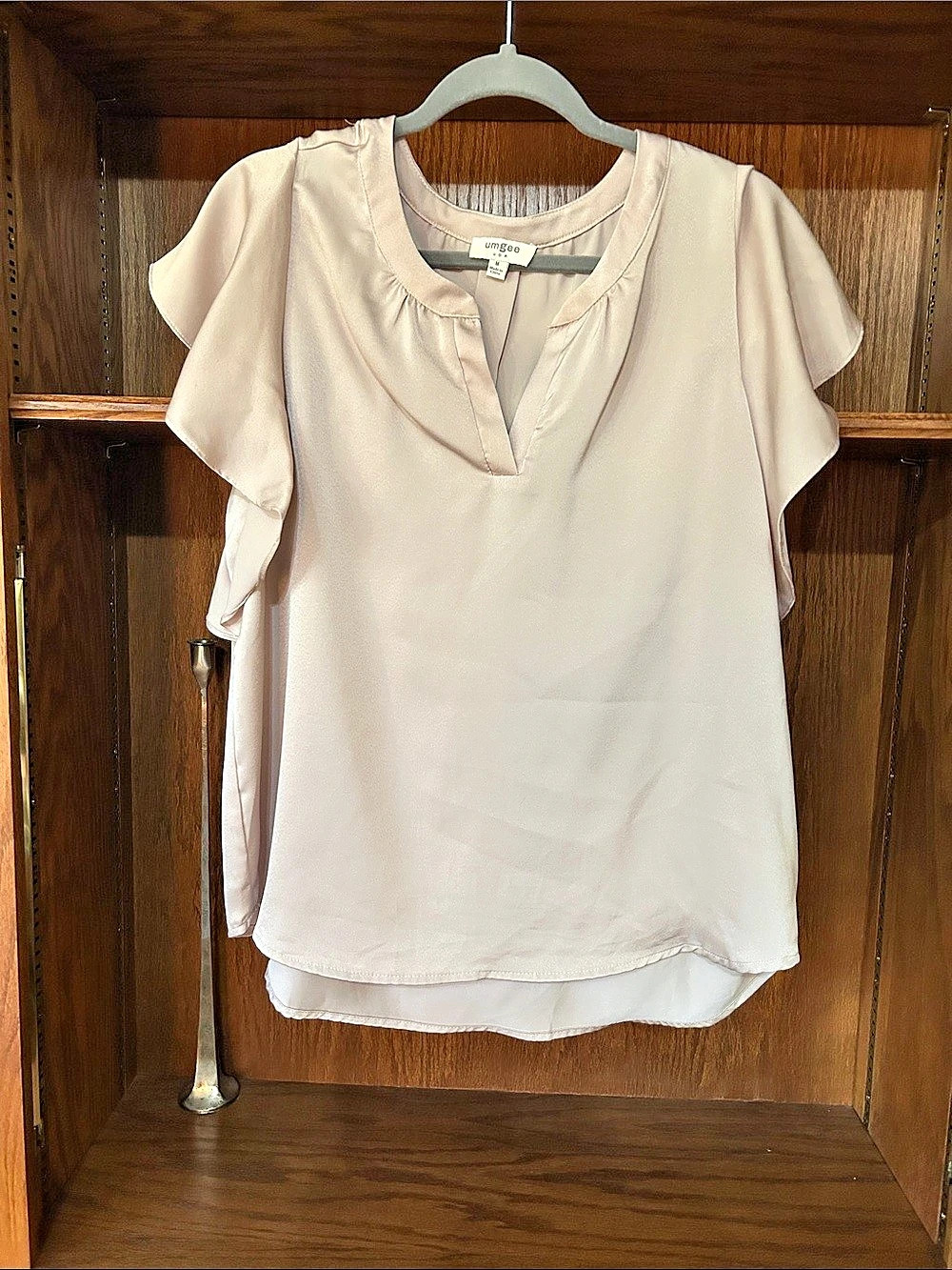 Umgee Satin Split V-Neck Ruffle Sleeve Top Pink